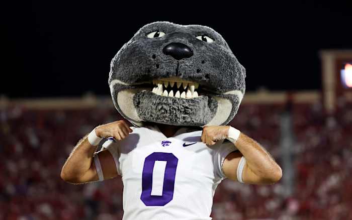 Sep 24, 2022; Norman, Oklahoma, USA; Kansas State Wildcats mascot reacts during the game against the Oklahoma Sooners at Gaylord Family-Oklahoma Memorial Stadium. Mandatory Credit: Kevin Jairaj-USA TODAY Sports